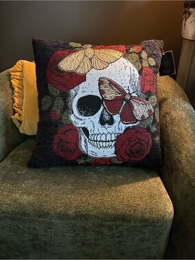 Spooky Night Skull & Butterfly Decorative Throw Pillow - Red, White, Black